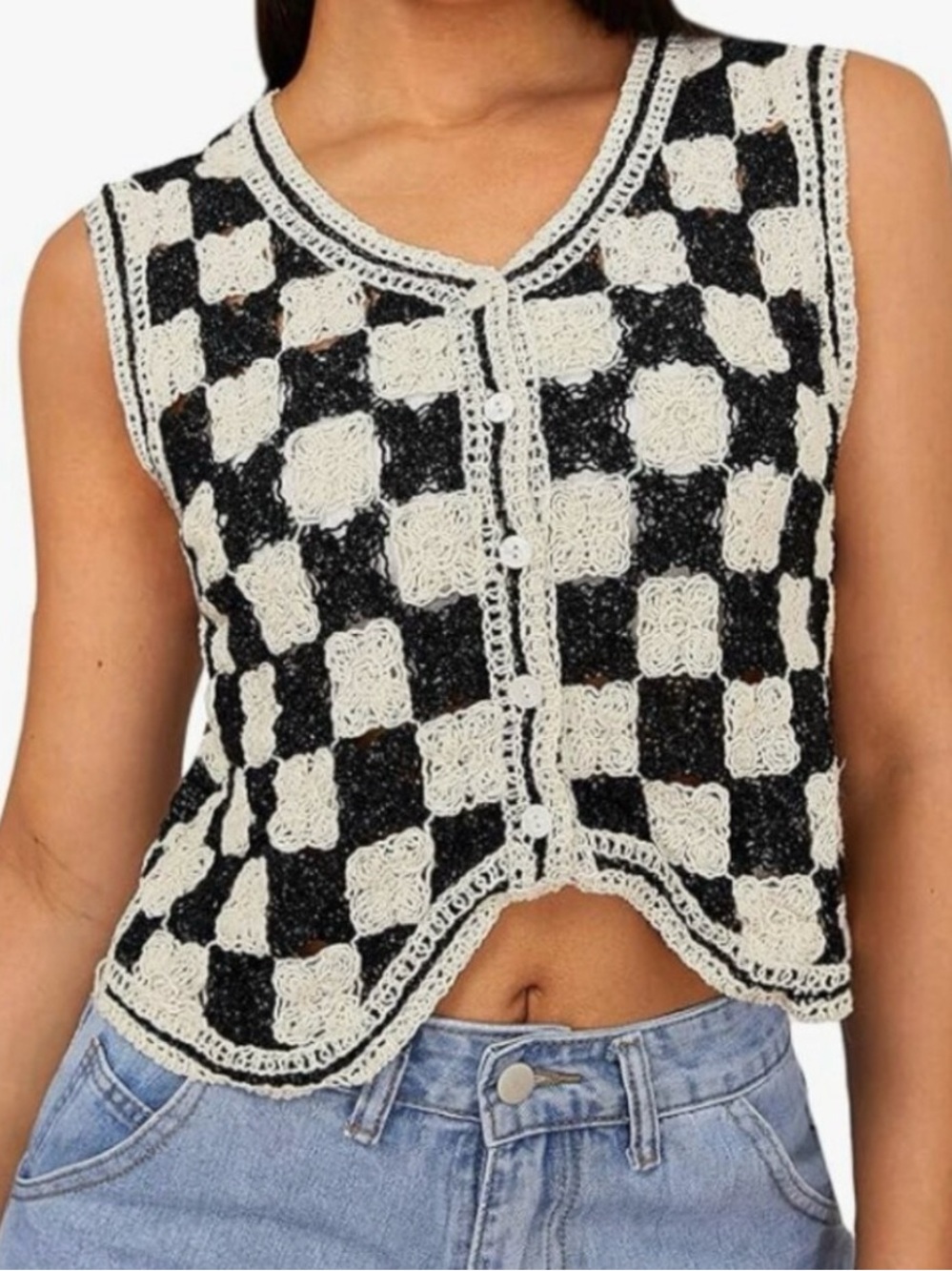 Button Front Sleeveless Crochet
Plaid Checkered Knit Sweater
Vest One Size